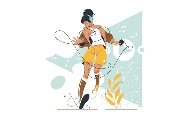 Attractive woman listening and dancing to music. — Stock Vector