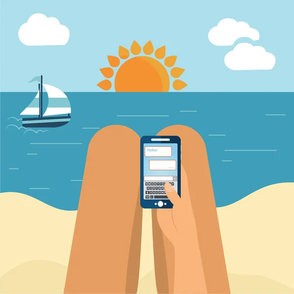 Mujer en una playa con smartphone — Vector de stock