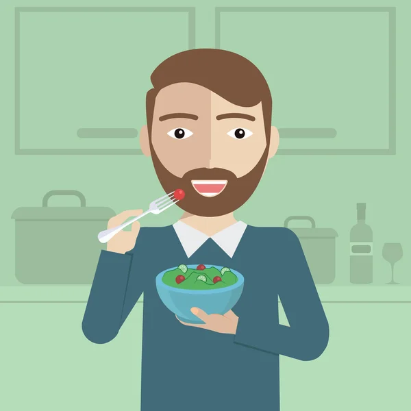 Sonriente ensalada de comer en la cocina — Vector de stock