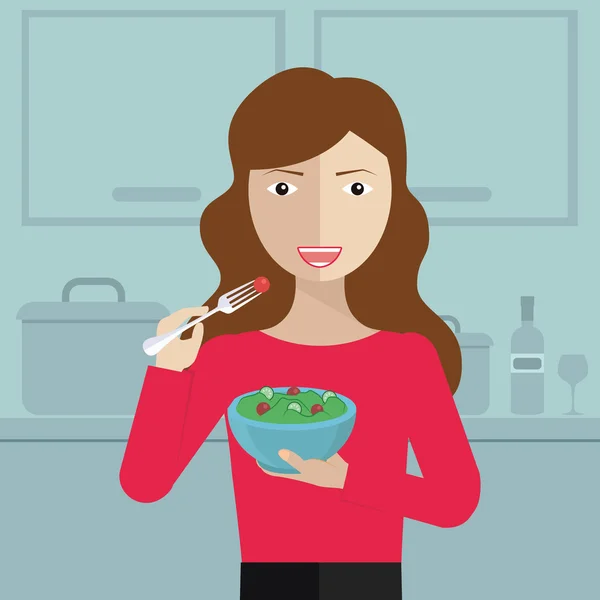 Mulher comendo salada na cozinha — Vetor de Stock