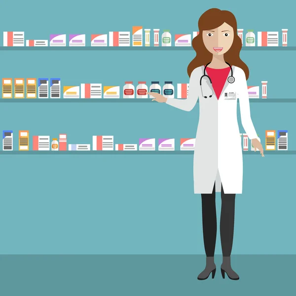 Female pharmacist at the counter — Stock Vector