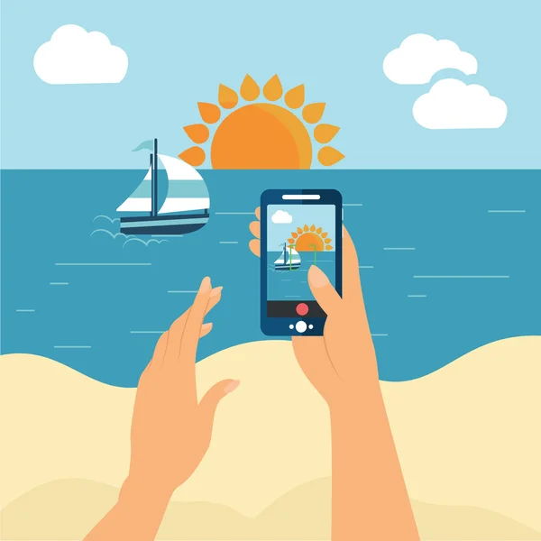 Tomando fotos de la playa — Vector de stock