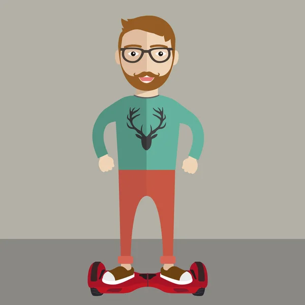 Joven sonriendo con barba en el hoverboard — Vector de stock