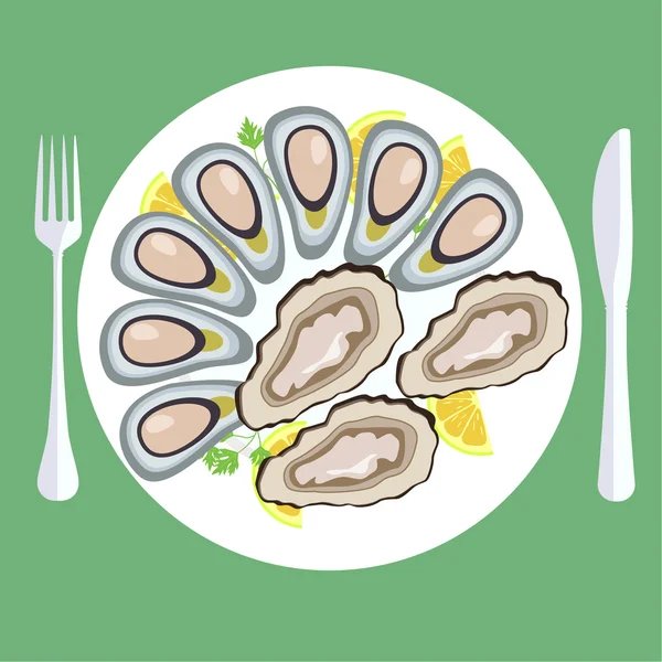 Fresh clams on plate — Stock Vector
