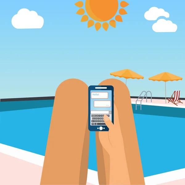 Woman with smartphone by swimming pool — Stock Vector