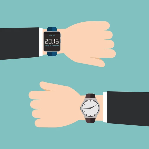 Analoge en slimme horloges op zakenlieden de handen — Stockvector