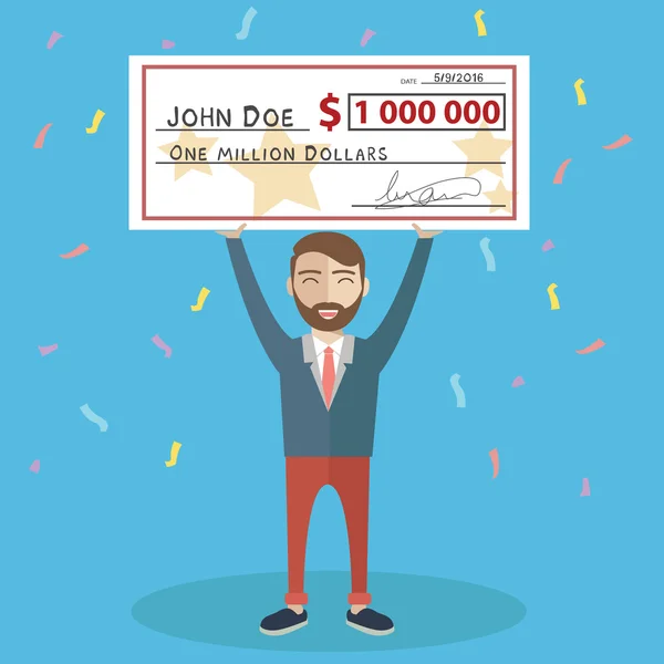 Hombre sosteniendo cheque ganador — Archivo Imágenes Vectoriales