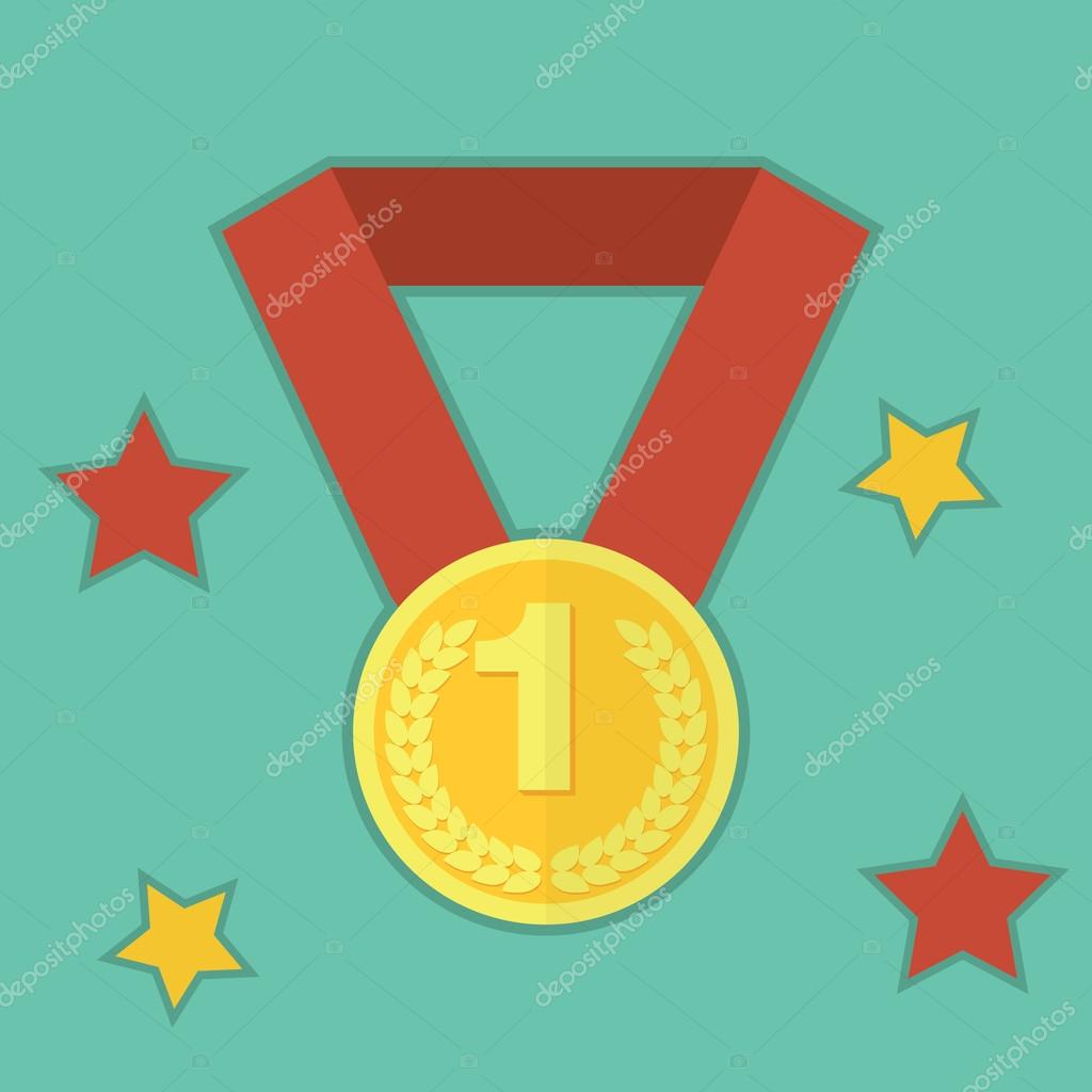 Gold medal on red ribbon with 1 number