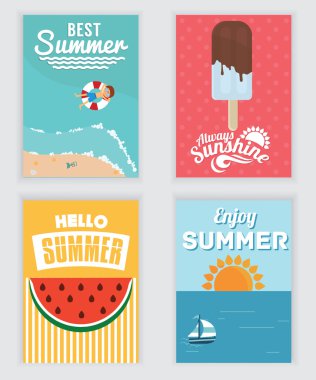 Yaz, tatil, tatil poster seti. düz tasarım. tebrik ve davet için kullanın olabilir. vektör çizim