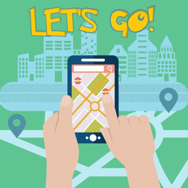 Harita ve pin vektör illüstrasyon ile cep telefonu mobil gps navigasyon, Lets Go