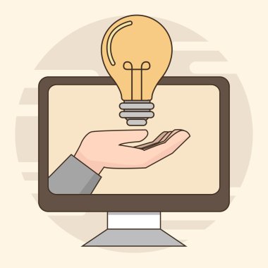 İnce çizgi fikir yenilik ampul kavramı. Ampul tutan el kavramsal web çizimi