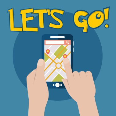Harita ve pin vektör illüstrasyon ile cep telefonu mobil gps navigasyon, Lets Go