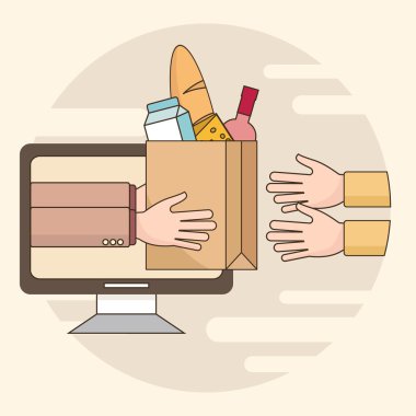 İnce çizgi renkli vektör illüstrasyon kavramı gıda dağıtım hizmeti için. Bakkal teslimat. Müşteri için kurye teslim yiyecek. Parlak arka plan üzerinde izole