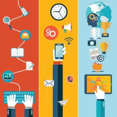 Düz tasarım modern vektör çizim simgeler el şık renklerde dokunmatik ekran ile iş ikonları/simgeleri, finans, satınalma online dijital tablet ve kablosuz e-ticaret kullanımı.