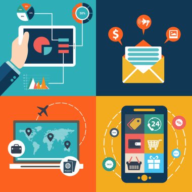 Web, cep telefonu Hizmetleri, apps, SSS, haber bülteni, destek, iletişim, online ödeme ağ geçidi için düz tasarım kavramı simge kümesi