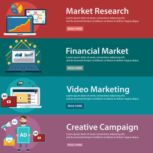 Vídeo e marketing criativo, pesquisa de mercado financeiro —  Vetores de Stock