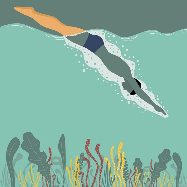 Homem pulando, mergulhando e nadando na água — Vetor de Stock