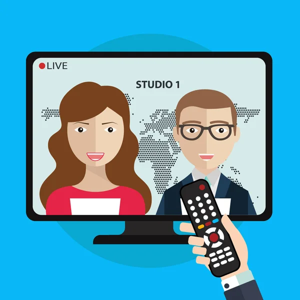 Live News on TV with newsreader icon. News of the world. Vector illustration with hand holding remote control — Stock Vector