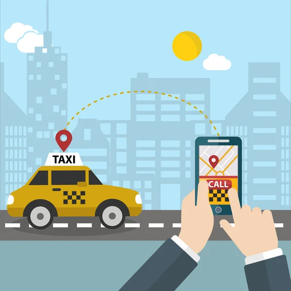 Proses pemesanan taksi melalui aplikasi mobile. Memanggil pesan Taksi pada layar ponsel. Tangan memegang telepon pintar di latar belakang kota - Stok Vektor