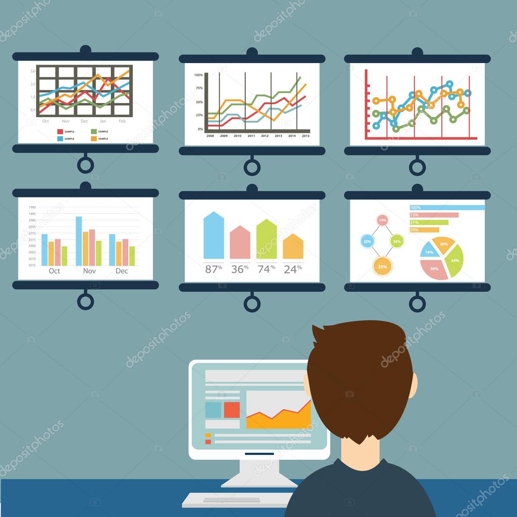 Flat vector illustration of web analytic information and development website statistic