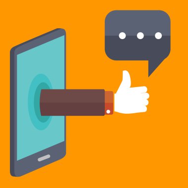 Hand sticking out of smartphone, showing thumbs up with chat bubble