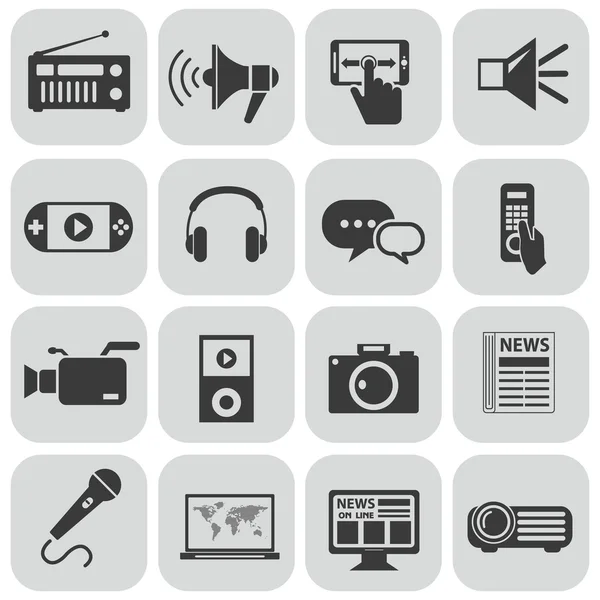 Vector black media icons set on gray — Stock Vector