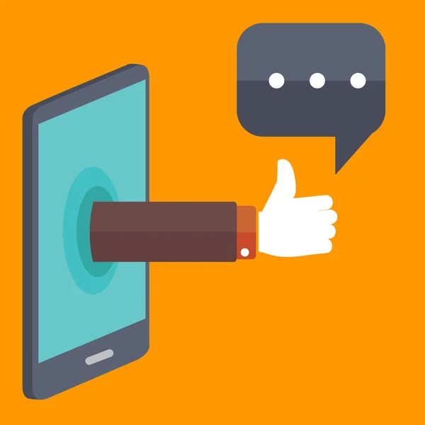 Hand sticking out of smartphone, showing thumbs up with chat bubble — Διανυσματικό Αρχείο