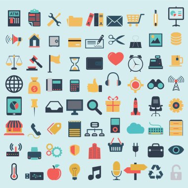 Flat icons design modern set of various financial service items, web and technology development, business management symbol, marketing items and office equipment clipart