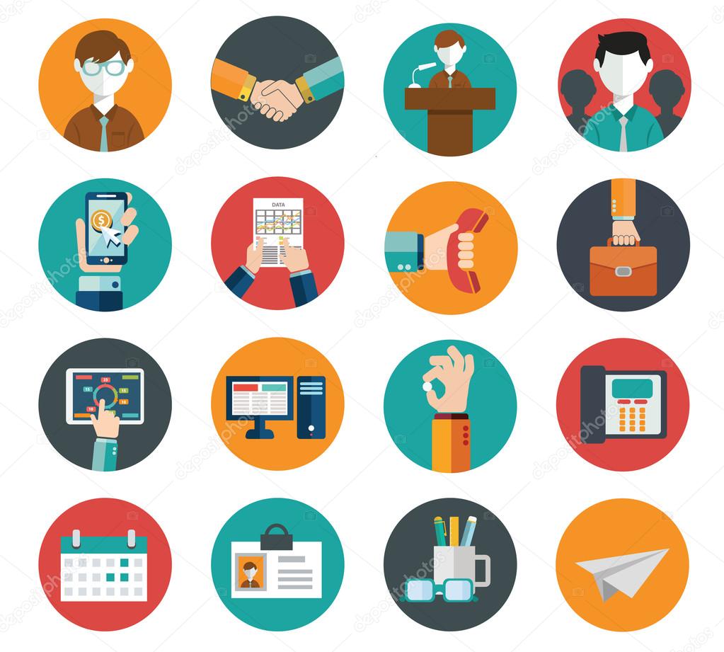 Flat modern human resources, office and management icons set.