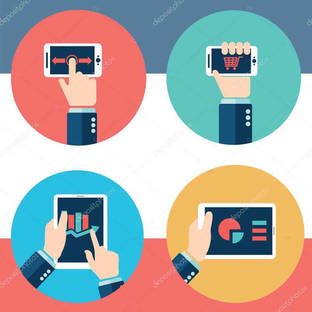 Set of hands using business internet service and ecommerce . Smartphone and tablets