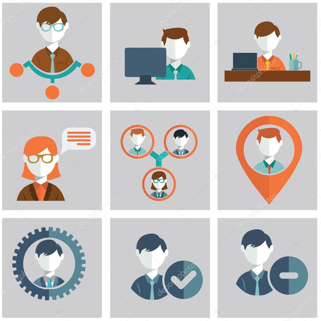 Flat modern human resources and management icons set