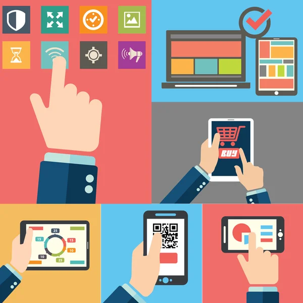Set van handen met behulp van business internetservice en e-commerce. Smartphone en tabletten — Stockvector