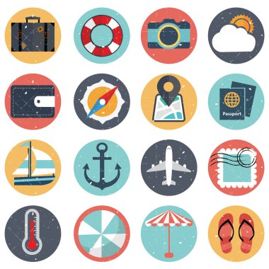 vintage düz simgeler koleksiyonu uzun gölge renkleri ile seyahat