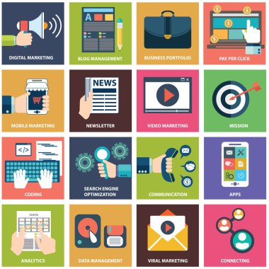 simgeler dijital pazarlama, video reklam, sosyal medya kampanyası, bülten terfi, Web sitesi seo optimizasyon hizmet tıklayın ödeme. düz tasarım modern vektör illüstrasyon kavramı.