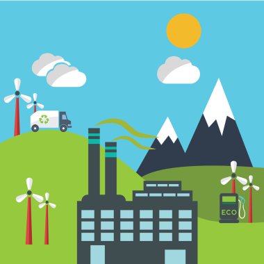 Ekoloji, çevre, yeşil enerji ve kirlilik simgeleri ile düz tasarım konsept çizimler vektör