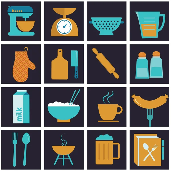 Conjunto de iconos vectoriales de equipos de cocina, vajilla y cocinero . — Vector de stock