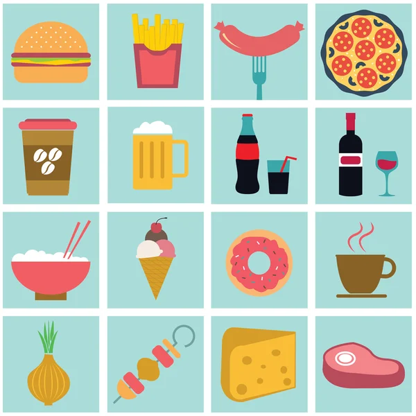 Fast food colorido conjunto de ícones de design plano. elementos de modelo para aplicações web e móveis —  Vetores de Stock