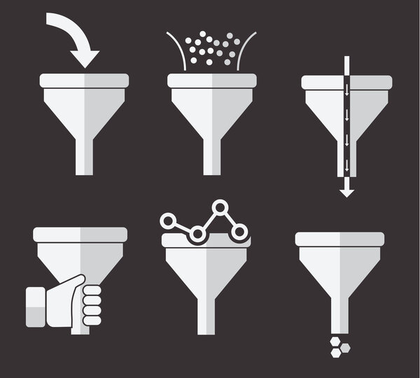 Data filter, data tunnel icons set, analysis concept