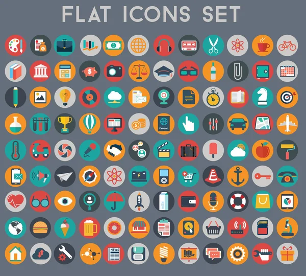 Gran conjunto de iconos de vectores planos con colores modernos de viajes, marketing, hipster, ciencia, educación, negocios, dinero, compras, objetos, web — Archivo Imágenes Vectoriales