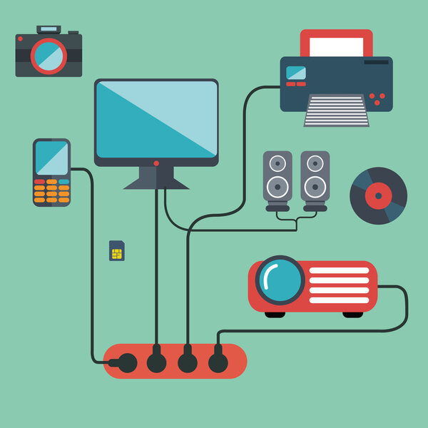 Рабочий стол, офисная концепция с технологической электроникой и сетевым подключением
