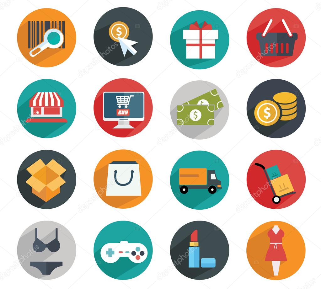 Vector collection of modern flat and colorful shopping icons. Design elements for mobile and web applications.