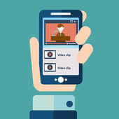 Konzepte zur Illustration von flachen Designs für Smartphone-Videowiedergabe, Videotelefonie, mobiles Meeting, Online-Videochat mit einer Hand, die ein Telefon hält