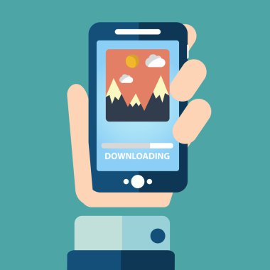 Düz tasarım illüstrasyon kavramlar için smartphone İndiriyor, app, fotoğraf, bir telefon tutarak bir el ile