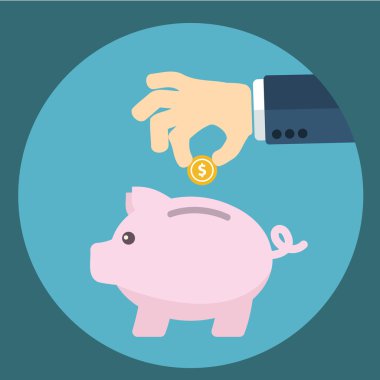 Vector piggy bank concept in flat style - money savings , Inserting a coin into a piggy bank clipart