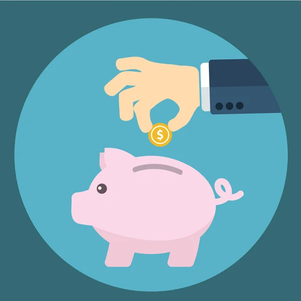 Vector piggy bank concept in flat style - money savings , Inserting a coin into a piggy bank — Stock Vector