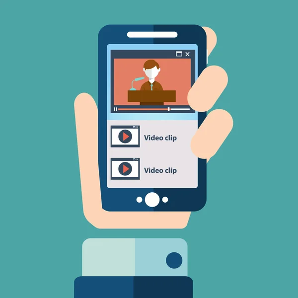 Platte ontwerp illustratie concepten voor smartphone video, video-oproep, mobiele vergadering, online video chat, spelen met een hand met een telefoon — Stockvector