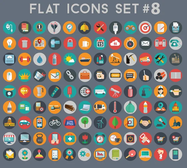 Big set of flat vector icons with modern colors of travel, marketing, hipster, science, education, business, money, shopping, objects, food — стоковый вектор