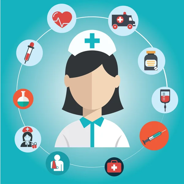 Doctor, concepto de enfermera conjunto de iconos planos, hospital Doctor, trabajos de enfermería para infografías diseño elementos web vector ilustración — Archivo Imágenes Vectoriales