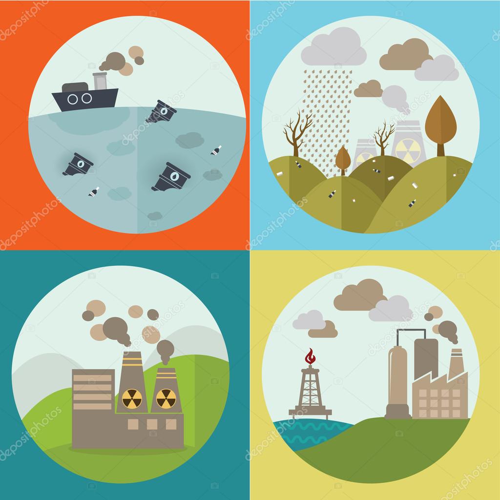 Ecology Concept Vector Icons Set for Environment, Green Energy and Nature Pollution Designs. Nuclear Power Plant and Deforestation. Flat Style.