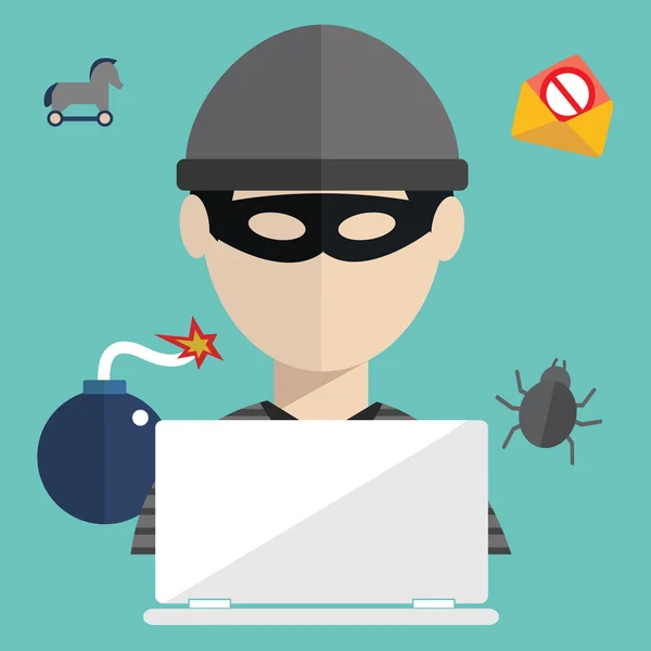 Hacker hacking vírus, trójai, löncshús, az adathalászat — Stock Vector